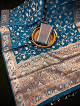 Teal Blue Semi Banarasi Silk Saree with Copper Zari | Floral Pattern Jaal in Copper and Sliver Zari | Silk Sarees - Kaash