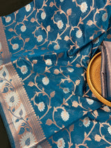 Teal Blue Semi Banarasi Silk Saree with Copper Zari | Floral Pattern Jaal in Copper and Sliver Zari | Silk Sarees - Kaash