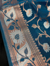 Teal Blue Semi Banarasi Silk Saree with Copper Zari | Floral Pattern Jaal in Copper and Sliver Zari | Silk Sarees - Kaash
