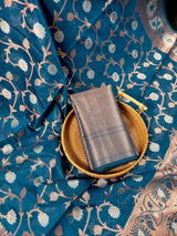 Teal Blue Semi Banarasi Silk Saree with Copper Zari | Floral Pattern Jaal in Copper and Sliver Zari | Silk Sarees - Kaash