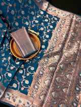 Teal Blue Semi Banarasi Silk Saree with Copper Zari | Floral Pattern Jaal in Copper and Sliver Zari | Silk Sarees - Kaash