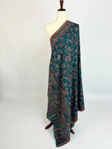 Teal premium pashmina Kashmiri shawl with kani weave, floral motifs — Kaash Collection