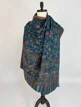 Teal premium pashmina Kashmiri shawl with kani weave, floral motifs — Kaash Collection