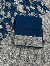Dark Teal Green Banarasi saree in pure khaddi georgette with muted gold resham zari jaal with meenakari — Kaash Collection