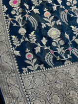 Dark Teal Green Banarasi saree in pure khaddi georgette with muted gold resham zari jaal with meenakari — Kaash Collection