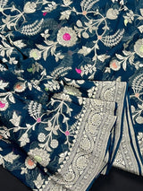 Dark Teal Green Banarasi saree in pure khaddi georgette with muted gold resham zari jaal with meenakari — Kaash Collection