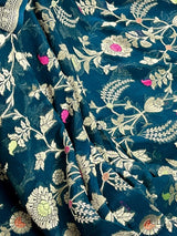 Dark Teal Green Banarasi saree in pure khaddi georgette with muted gold resham zari jaal with meenakari — Kaash Collection