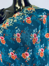 Teal soft organza dupatta with embroidery, sequin, zari & floral prints — Kaash Collection