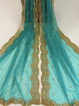 Teal Green net dupatta with gold zari, sequin & beads — Kaash Collection