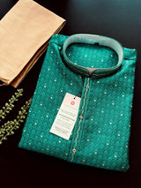 Teal Green Color Soft Raw Silk Men Kurta Pajama Self Design and tiny Zari Weave - Kaash