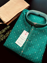 Teal Green Color Soft Raw Silk Men Kurta Pajama Self Design and tiny Zari Weave - Kaash