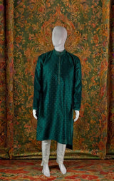Teal Green Color Soft Raw Silk Men Kurta Pajama Self Design and tiny Zari Weave - Kaash