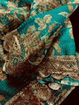 Teal Green Soft Organza Saree: Floral Digital Print, Sequin, Zari Work Party Wear - Kaash