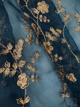 Teal Organza Silk Dupatta with Gold Zari Embroidery Sequins, Wedding Lehanga Accessory - Kaash