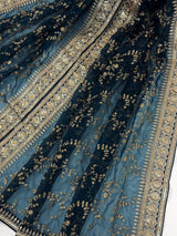 Teal Organza Silk Dupatta with Gold Zari Embroidery Sequins, Wedding Lehanga Accessory - Kaash
