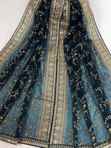 Teal Organza Silk Dupatta with Gold Zari Embroidery Sequins, Wedding Lehanga Accessory - Kaash