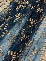 Teal Organza Silk Dupatta with Gold Zari Embroidery Sequins, Wedding Lehanga Accessory - Kaash
