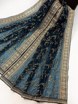 Teal Organza Silk Dupatta with Gold Zari Embroidery Sequins, Wedding Lehanga Accessory - Kaash