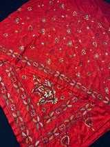Tomato Red hand Kantha stitch saree on Bangalori silk — Kaash Collection