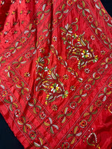 Tomato Red hand Kantha stitch saree on Bangalori silk — Kaash Collection