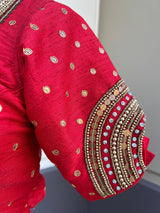 Tomato Red Raw Silk ready-to-wear blouse with handwork with beads — Kaash Collection