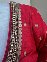 Tomato Red Raw Silk ready-to-wear blouse with handwork with beads — Kaash Collection