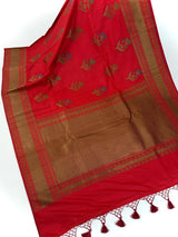 Tomato Red Saree with Antique Zari Weaving and Meenakari Work Floral bunches with Temple Borders - Kaash
