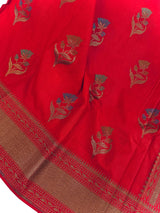 Tomato Red Saree with Antique Zari Weaving and Meenakari Work Floral bunches with Temple Borders - Kaash