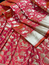 Triple-Tone Peach, Pink & Orange Semi Katan saree in semi katan silk with shikargarh design in triple-tone — Kaash Collection