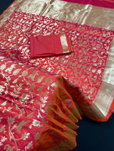 Triple-Tone Peach, Pink & Orange Semi Katan saree in semi katan silk with shikargarh design in triple-tone — Kaash Collection