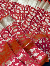 Triple-Tone Peach, Pink & Orange Semi Katan saree in semi katan silk with shikargarh design in triple-tone — Kaash Collection
