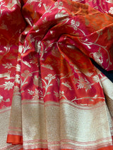 Triple Tone Peach with tint of Orange and Pink Semi Katan Silk | Handloom Saree | Shikargarh Banarasi Saree - Kaash