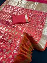 Triple Tone Peach with tint of Orange and Pink Semi Katan Silk | Handloom Saree | Shikargarh Banarasi Saree - Kaash