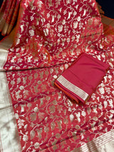 Triple Tone Peach with tint of Orange and Pink Semi Katan Silk | Handloom Saree | Shikargarh Banarasi Saree - Kaash