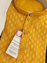 Turmeric Yellow / Haldi men's kurta pajama in pure cotton with small gold buttis on cotton — Kaash Collection