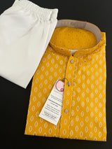 Turmeric Yellow / Haldi men's kurta pajama in pure cotton with small gold buttis on cotton — Kaash Collection