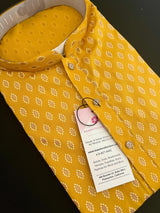 Turmeric Color Premium Pure Cotton Mens Kurta Pajama Set with Gold Buttis - Kurta for Haldi Ceremony - Kurta for Puja - Yellow Color Kurta - Kaash