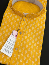 Turmeric Color Premium Pure Cotton Mens Kurta Pajama Set with Gold Buttis - Kurta for Haldi Ceremony - Kurta for Puja - Yellow Color Kurta - Kaash
