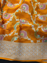 Turmeric Yellow Pure Khaddi Georgette Silk Saree with Water Zari and Hand Brush | Floral Saree | SILK MARK CERTIFIED - Kaash