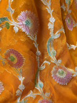 Turmeric Yellow Pure Khaddi Georgette Silk Saree with Water Zari and Hand Brush | Floral Saree | SILK MARK CERTIFIED - Kaash