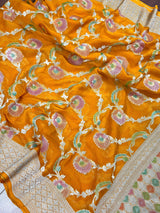 Turmeric Yellow Pure Khaddi Georgette Silk Saree with Water Zari and Hand Brush | Floral Saree | SILK MARK CERTIFIED - Kaash