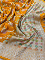 Turmeric Yellow Pure Khaddi Georgette Silk Saree with Water Zari and Hand Brush | Floral Saree | SILK MARK CERTIFIED - Kaash