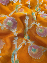 Turmeric Yellow Pure Khaddi Georgette Silk Saree with Water Zari and Hand Brush | Floral Saree | SILK MARK CERTIFIED - Kaash