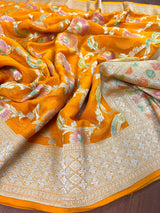 Turmeric Yellow Pure Khaddi Georgette Silk Saree with Water Zari and Hand Brush | Floral Saree | SILK MARK CERTIFIED - Kaash