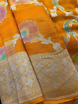 Turmeric Yellow Pure Khaddi Georgette Silk Saree with Water Zari and Hand Brush | Floral Saree | SILK MARK CERTIFIED - Kaash