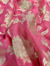 Watermelon Pink pure khaddi georgette banarasi silk saree with muted gold zari floral jaal — Kaash Collection