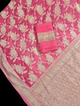 Watermelon Pink pure khaddi georgette banarasi silk saree with muted gold zari floral jaal — Kaash Collection