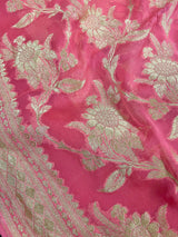 Watermelon Pink pure khaddi georgette banarasi silk saree with muted gold zari floral jaal — Kaash Collection