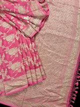 Watermelon Pink pure khaddi georgette banarasi silk saree with muted gold zari floral jaal — Kaash Collection