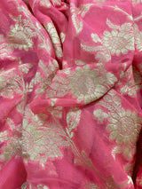 Watermelon Pink pure khaddi georgette banarasi silk saree with muted gold zari floral jaal — Kaash Collection